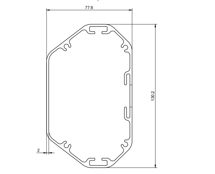 Dimension drawing of an aluminum extrusion cross-section with 77.6 mm width, 130.2 mm height and 2 mm wall callouts