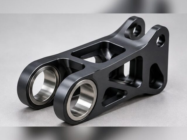Black anodized 7075 aluminum robotic arm bracket with machined bores