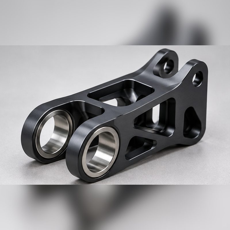 Black anodized 7075 aluminum robotic arm bracket with machined bores