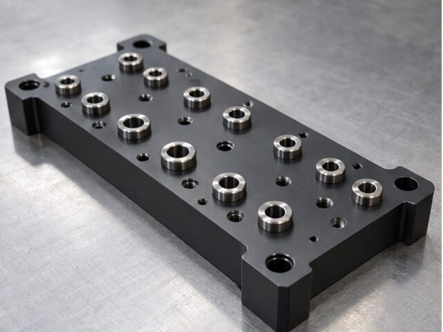 Black anodized aluminum drill jig plate with a row of drill bushings