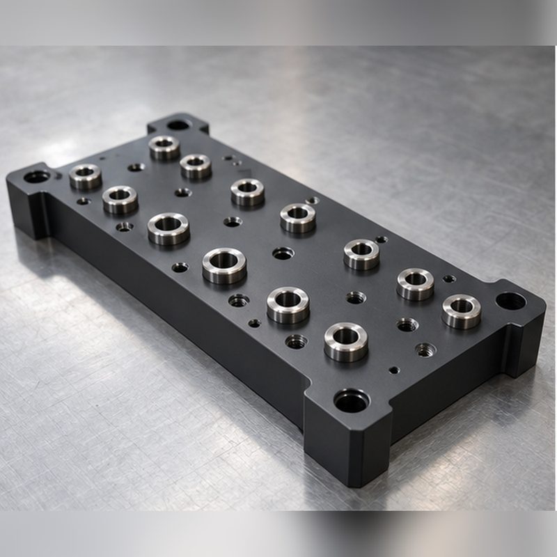 Black anodized aluminum drill jig plate with a row of drill bushings