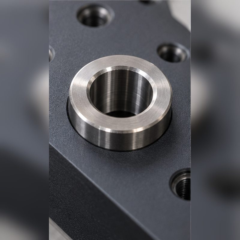 Pressed drill bushing and machined bore detail in the jig plate