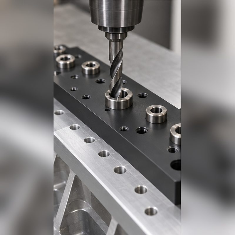 Drill guided by a bushing in the aluminum drill jig fixture