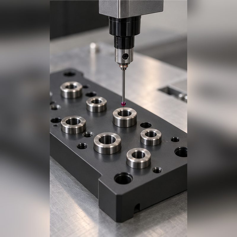 Aluminum drill jig fixture guiding a drill over a workpiece