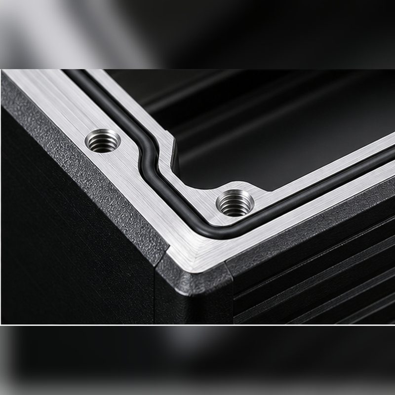 Machined flange and gasket channel detail on the aluminum enclosure
