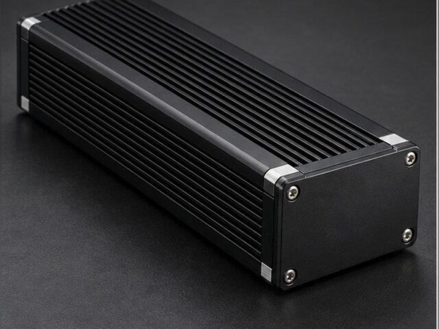 Black anodized extruded aluminum electronics housing with cooling fins