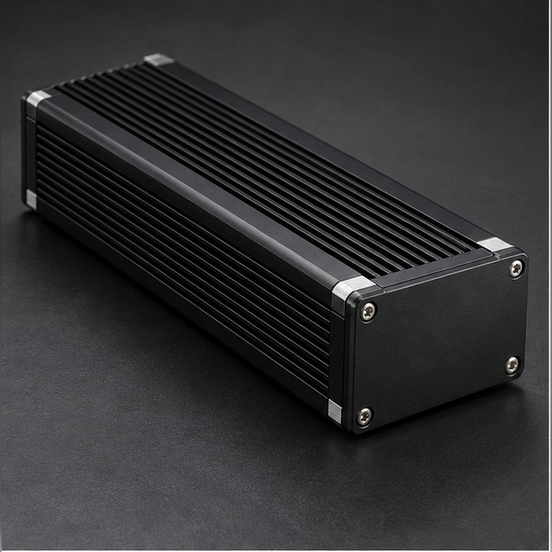 Black anodized extruded aluminum electronics housing with cooling fins