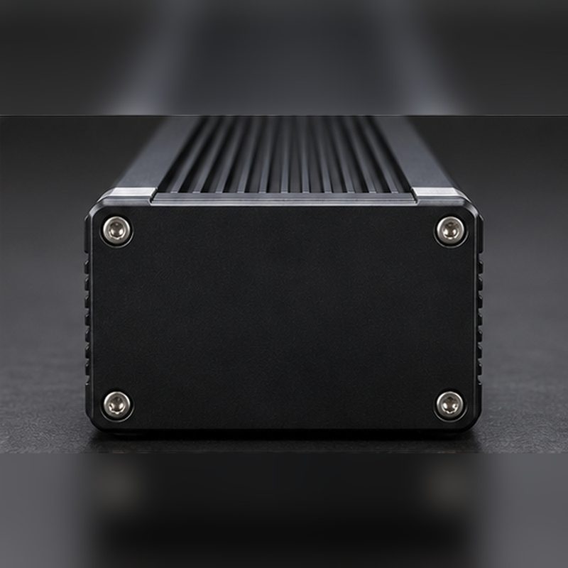 Machined end plate and corner detail on the anodized aluminum housing