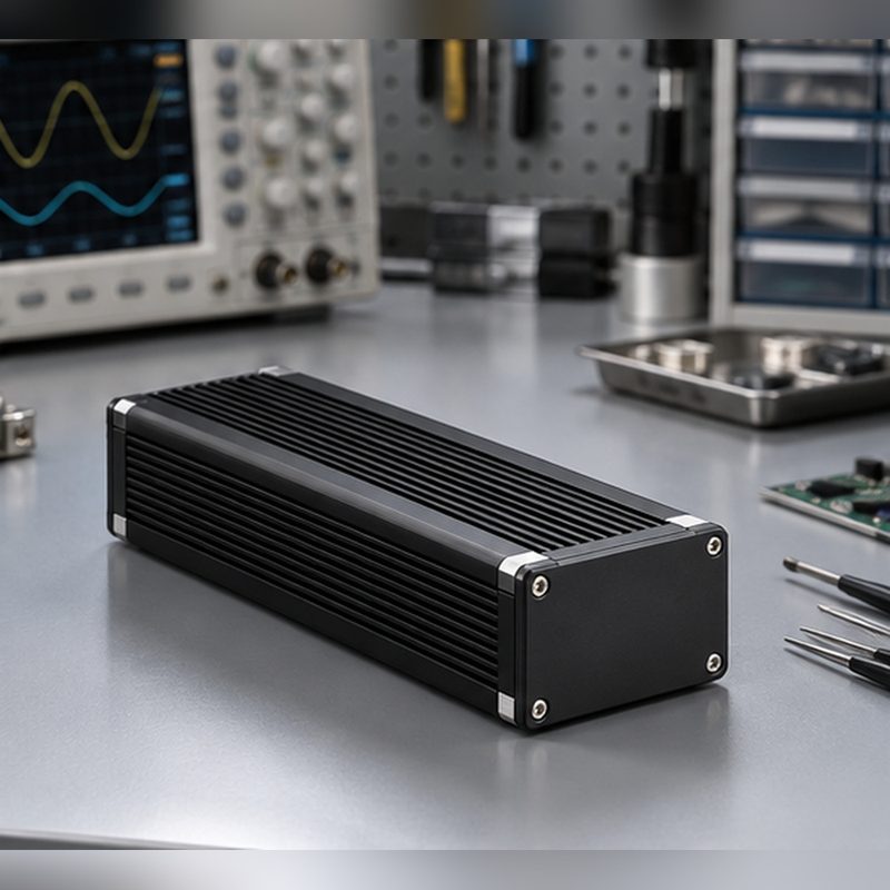 Anodized aluminum instrument enclosure used as a bench electronics housing