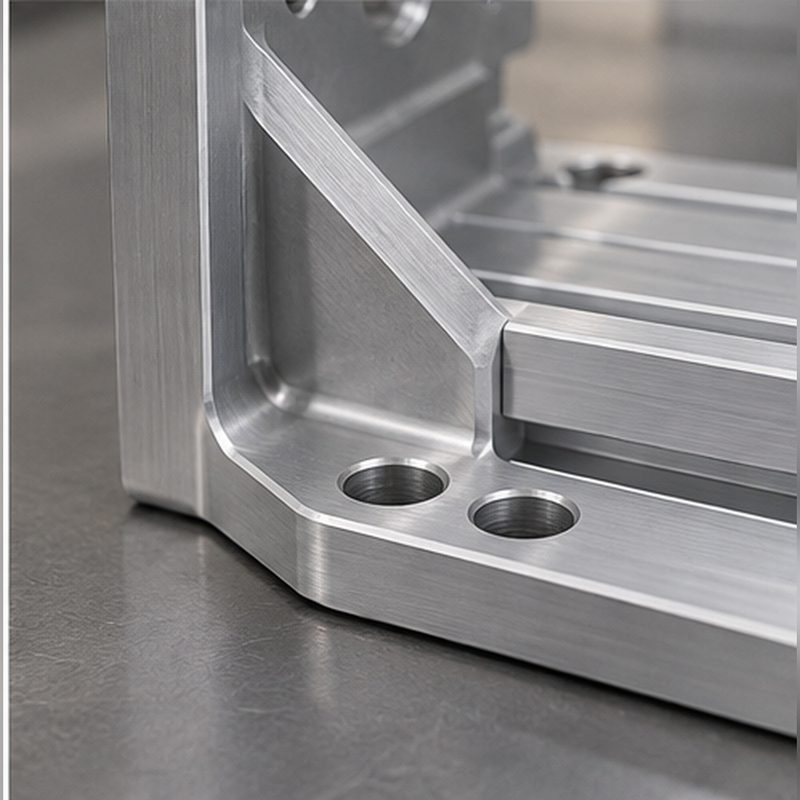 Gusseted corner and mounting face detail on the aluminum bracket