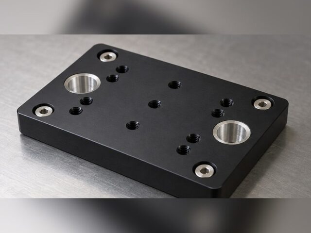 Hard anodized black aluminum gripper baseplate with dowel holes