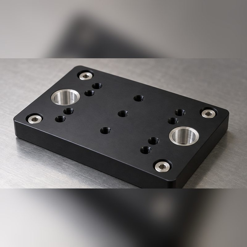 Hard anodized black aluminum gripper baseplate with dowel holes