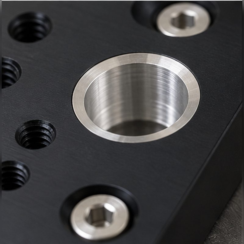 Machined bore and dowel hole detail in the anodized baseplate