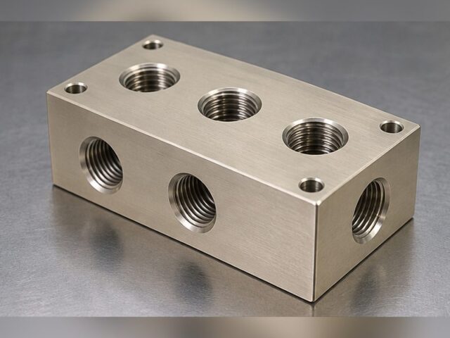 Machined 6061 aluminum pneumatic manifold block with threaded ports