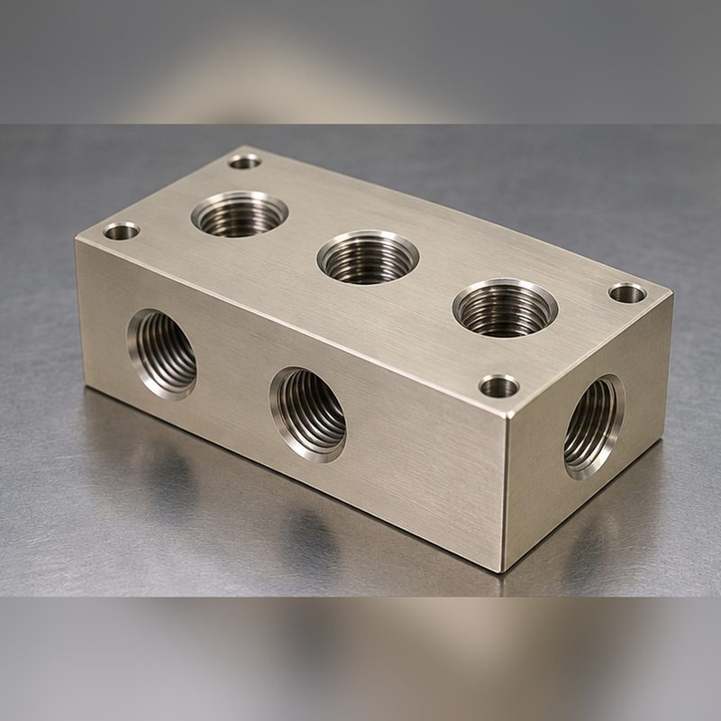 Machined 6061 aluminum pneumatic manifold block with threaded ports