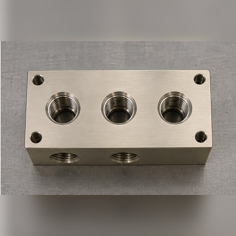 Top face of the CNC machined aluminum manifold showing the port pattern