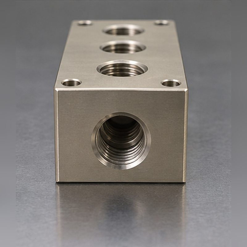 Machined thread detail on the face of the aluminum manifold block