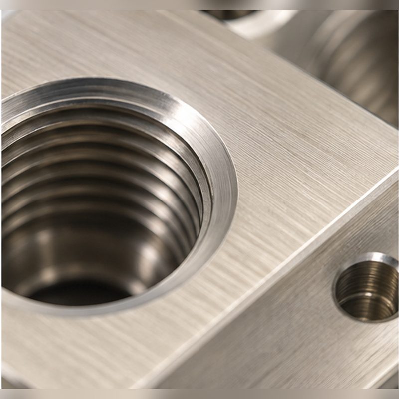 Threaded port detail with seal face on the machined aluminum manifold