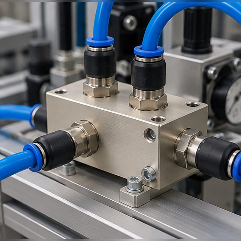 CNC machined aluminum manifold block in a pneumatic control assembly