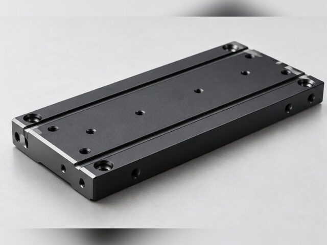 Black hardcoat anodized aluminum slide plate with a bolt hole pattern