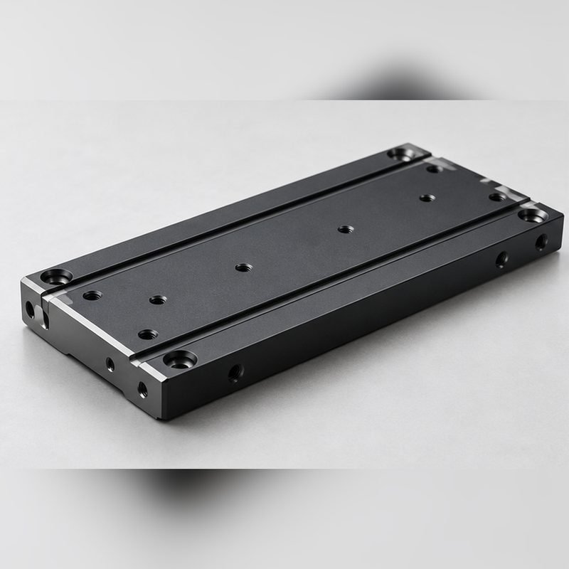 Black hardcoat anodized aluminum slide plate with a bolt hole pattern