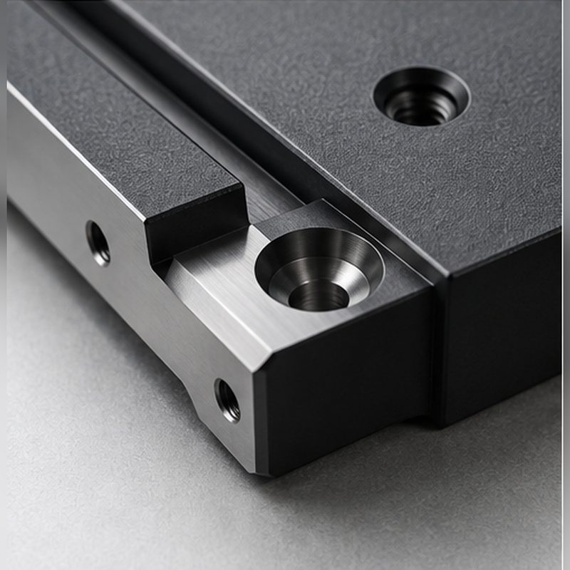 Machined counterbore and edge detail on the hardcoat anodized plate