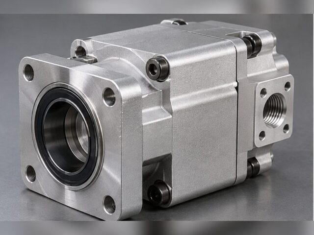 Machined 6061 aluminum pump housing with a large bored bore