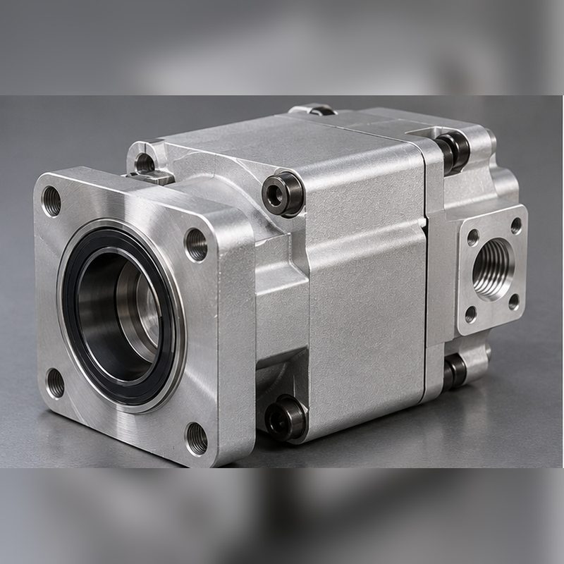 Machined 6061 aluminum pump housing with a large bored bore