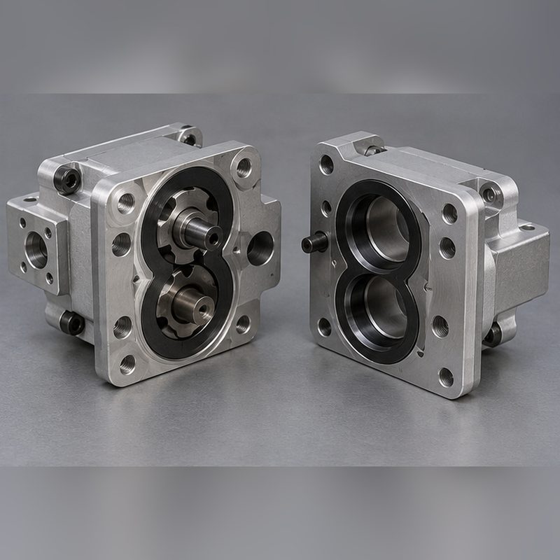End faces of the machined aluminum pump housing showing the bores