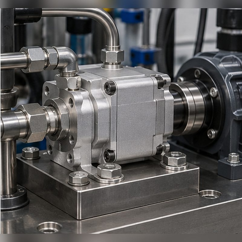 Machined aluminum pump housing assembled into a pump unit