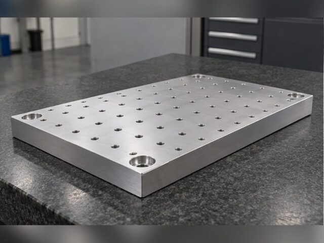 MIC-6 aluminum fixture plate with a grid of precision dowel holes