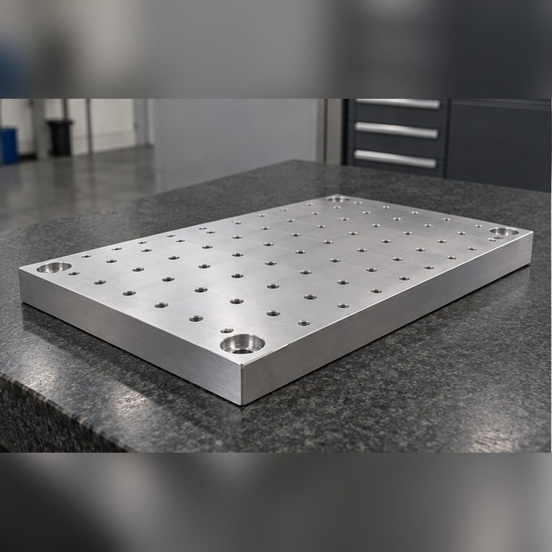MIC-6 aluminum fixture plate with a grid of precision dowel holes