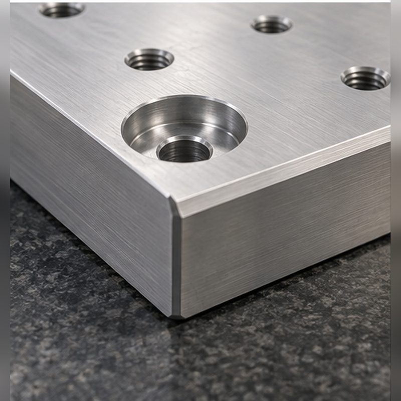 Machined bore and counterbore detail in the aluminum fixture plate