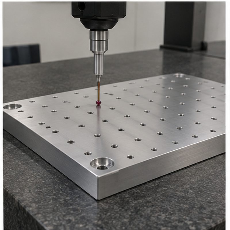 Drill entering a precision hole on the MIC-6 aluminum fixture plate