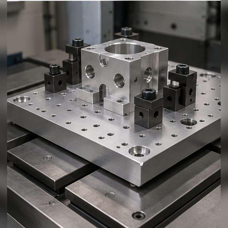 MIC-6 aluminum fixture plate carrying a workpiece on a machine table